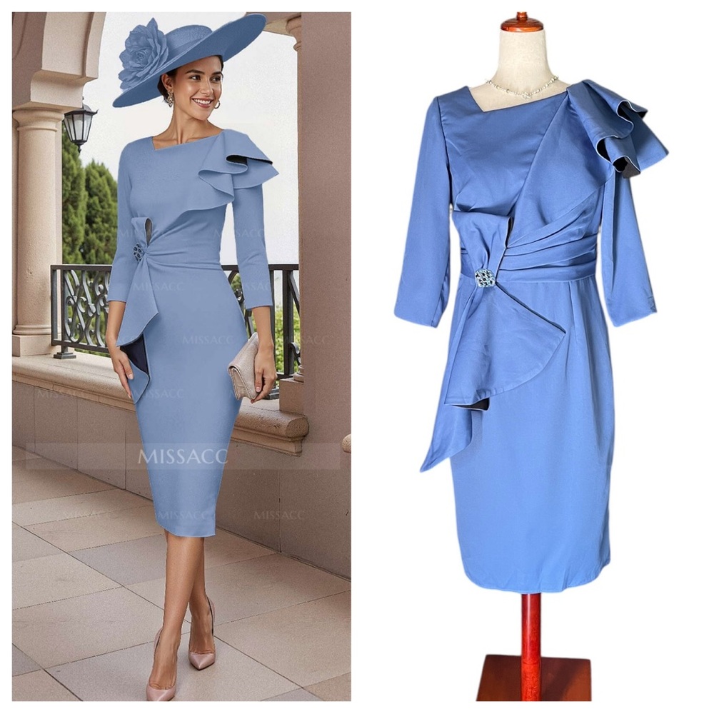 Missacc Sheath Scoop Neck 3/4 Sleeves Knee-Length Dress With Ruffle